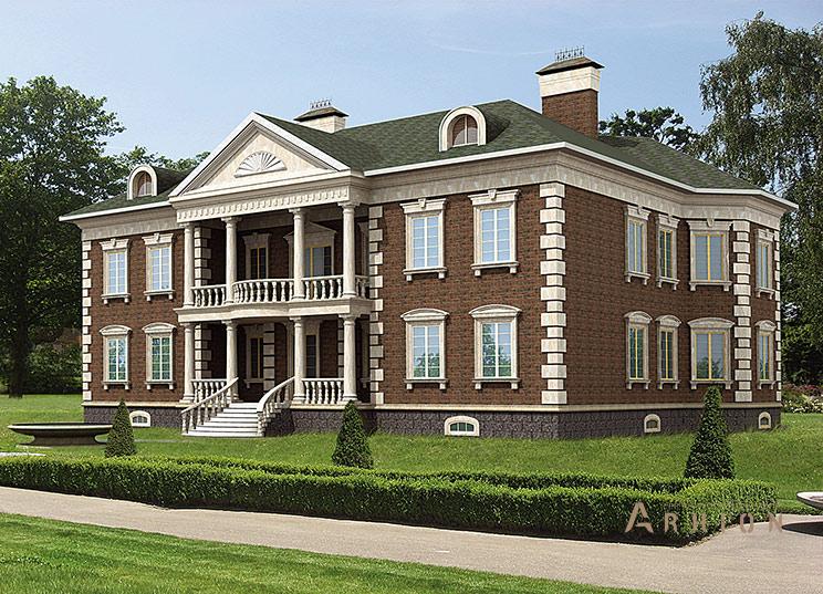 1. Проект двухэтажного дома в классическом стиле с плоской кровлей , 043-n, площадью - 836 кв c цокольным этажом, сауной, терассой, балконом, эркером