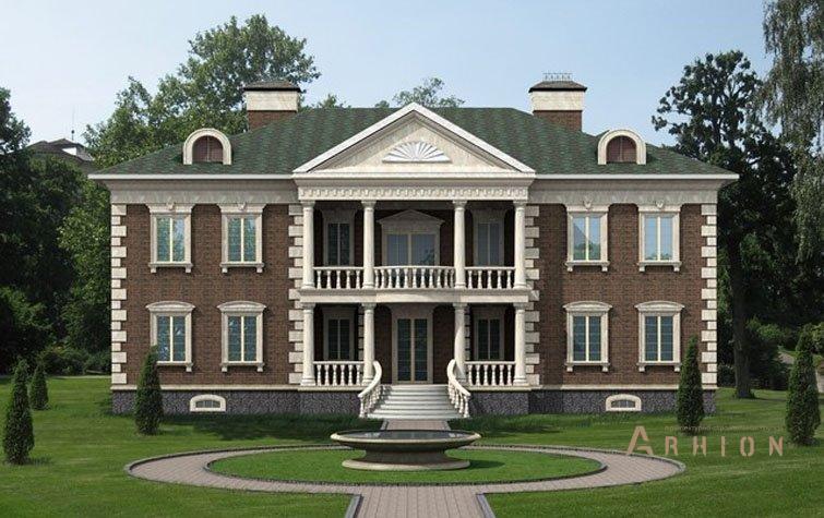 2. Проект двухэтажного дома в классическом стиле с плоской кровлей , 043-n, площадью - 836 кв c цокольным этажом, сауной, терассой, балконом, эркером