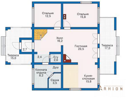 2. Проект двухэтажного дома в современном стиле с двускатной кровлей, 10-09, площадью - 230 кв c мансардой, сауной, терассой, балконом, вторым светом