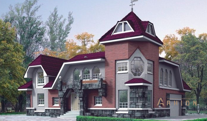 1. Проект двухэтажного дома в замковом стиле с многоскатной кровлей, 10-36, площадью - 280 кв c сауной, балконом, гаражом, бассейном, эркером, вторым светом