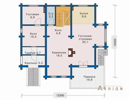 2. Проект трехэтажного дома в современном стиле с многоскатной кровлей, 10-49, площадью - 264 кв c цокольным этажом, мансардой, сауной, терассой, балконом, вторым светом