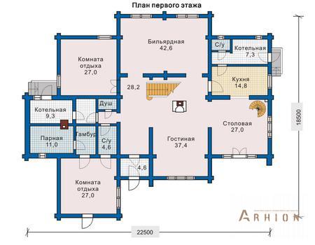 2. Проект одноэтажного дома в современном стиле с многоскатной кровлей, 10-69, площадью - 653 кв c мансардой, балконом, вторым светом