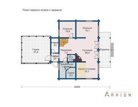 2. Проект двухэтажного дома в современном стиле с двускатной кровлей, 10-98, площадью - 233 кв c мансардой, сауной, терассой, балконом, гаражом, вторым светом