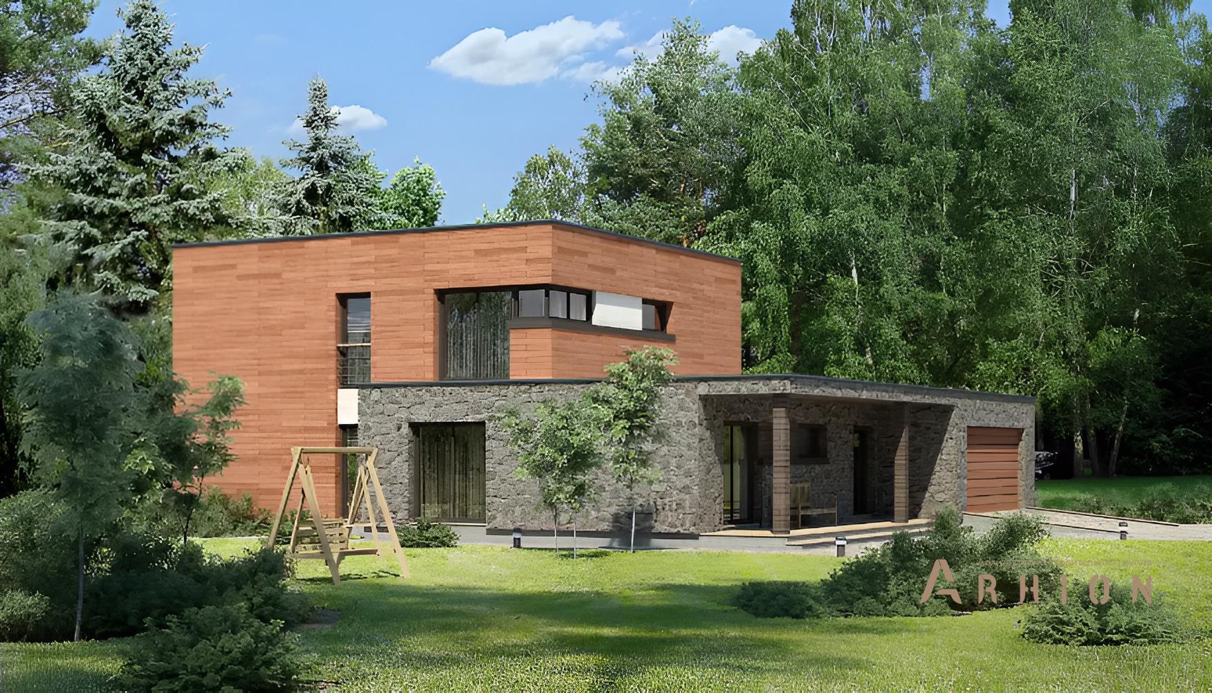 2. Проект двухэтажного дома в стиле лофт с плоской кровлей , 100-174, площадью - 217 кв c терассой, гаражом