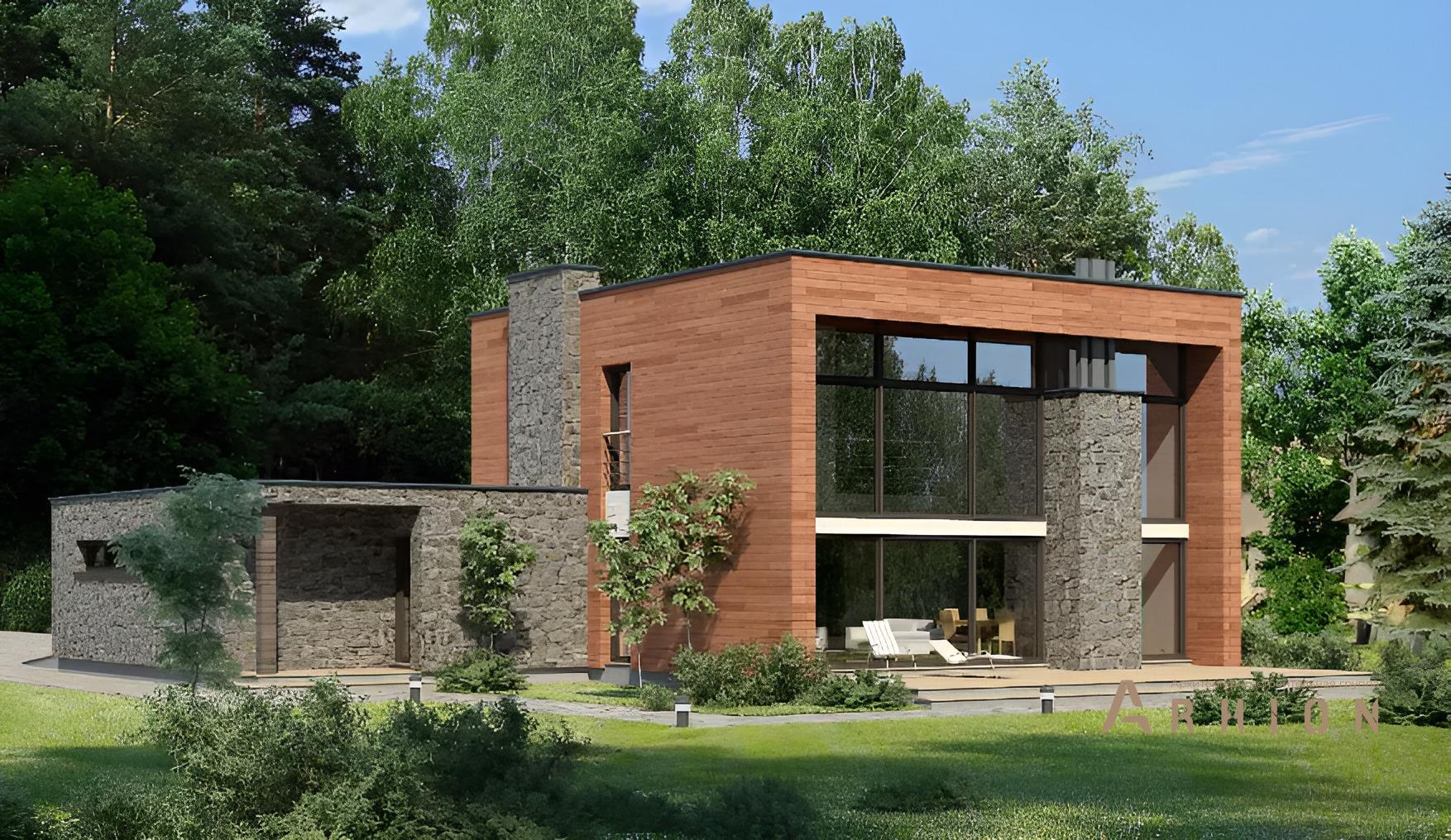 1. Проект двухэтажного дома в стиле лофт с плоской кровлей , 100-174, площадью - 217 кв c терассой, гаражом