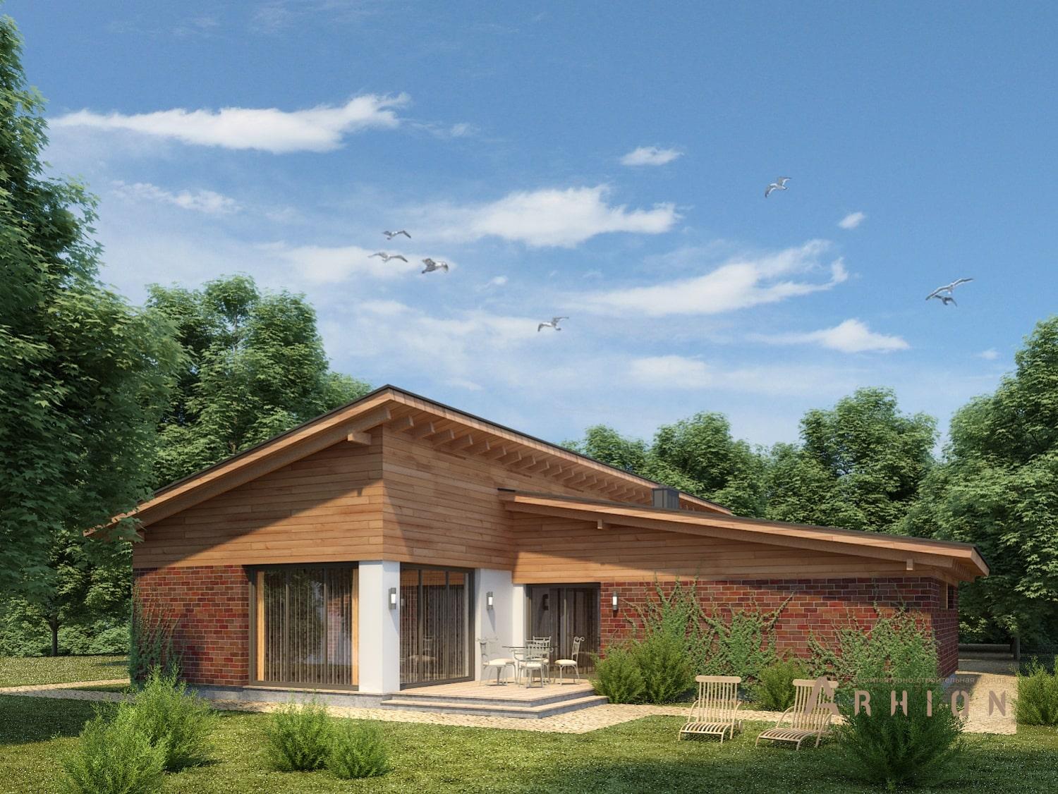 2. Проект одноэтажного дома в европейском стиле с односкатной кровлей, 103-205, площадью - 204 кв c терассой, гаражом