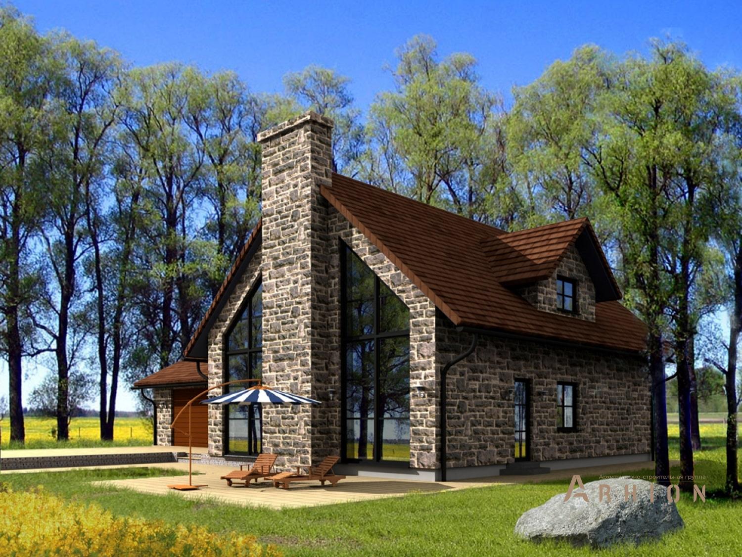 2. Проект одноэтажного дома в альпийском стиле с двускатной кровлей, 106-178, площадью - 178 кв c мансардой, гаражом