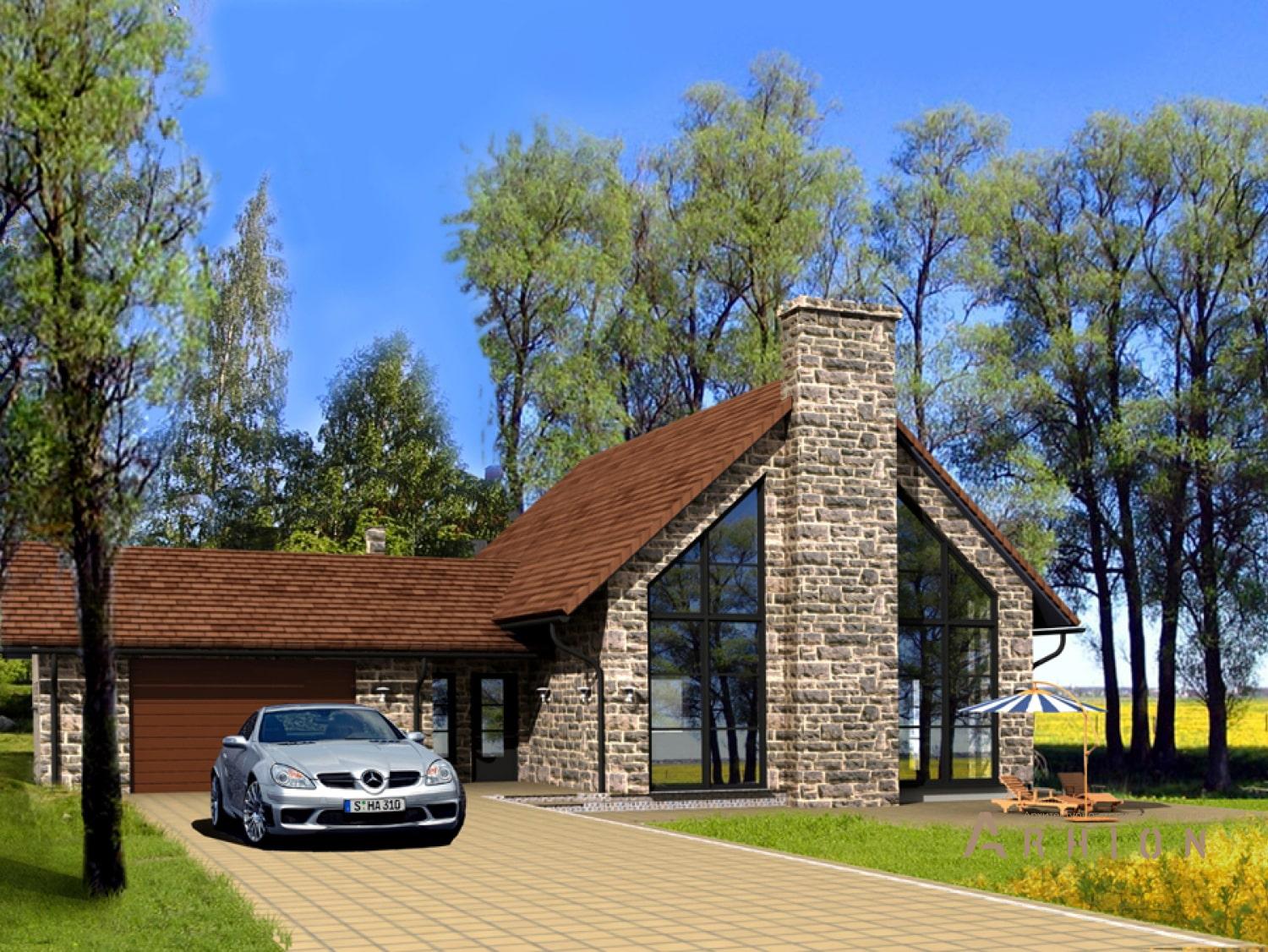 1. Проект одноэтажного дома в альпийском стиле с двускатной кровлей, 106-178, площадью - 178 кв c мансардой, гаражом