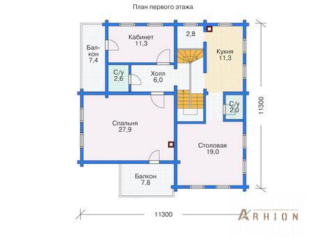 2. Проект двухэтажного дома в современном стиле с двускатной кровлей, 11-79, площадью - 220 кв c цокольным этажом, мансардой, терассой, балконом
