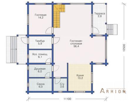 2. Проект двухэтажного дома в современном стиле с двускатной кровлей, 11-85, площадью - 199 кв c мансардой, сауной, терассой, балконом