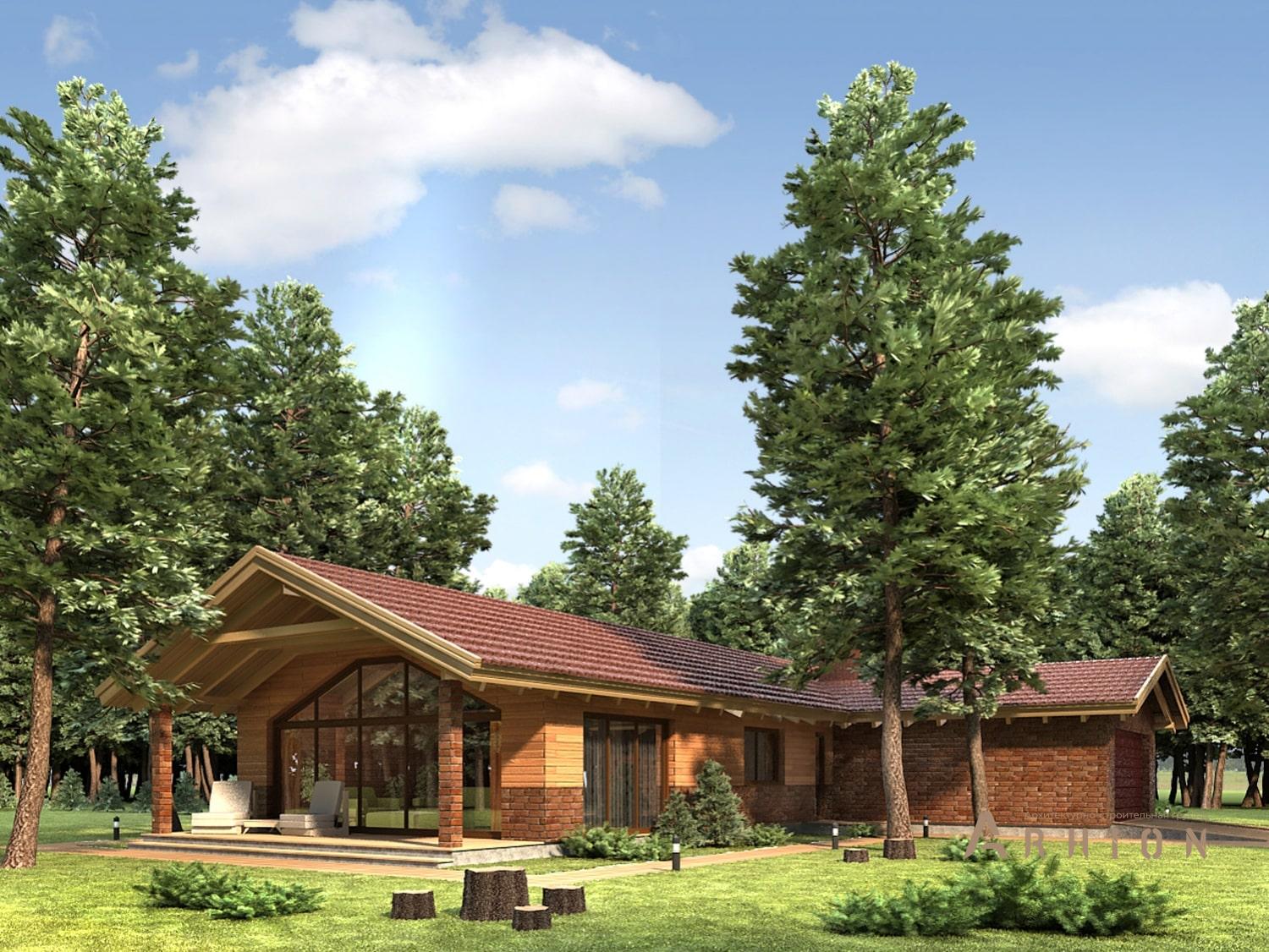 1. Проект одноэтажного дома в альпийском стиле с плоской кровлей , 110-197, площадью - 197 кв c терассой, гаражом