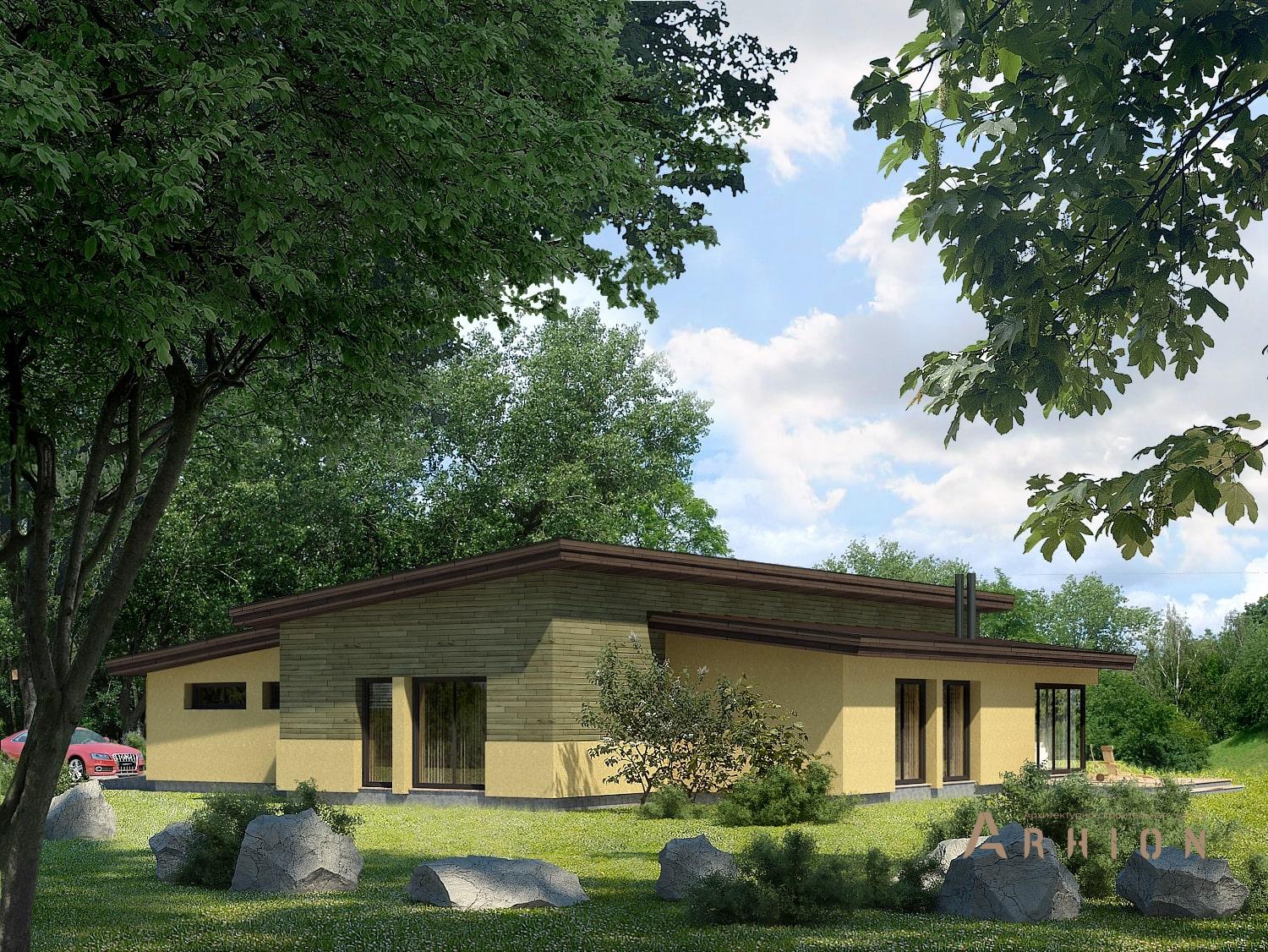 2. Проект одноэтажного дома в европейском стиле с односкатной кровлей, 111-201, площадью - 201 кв c терассой, гаражом