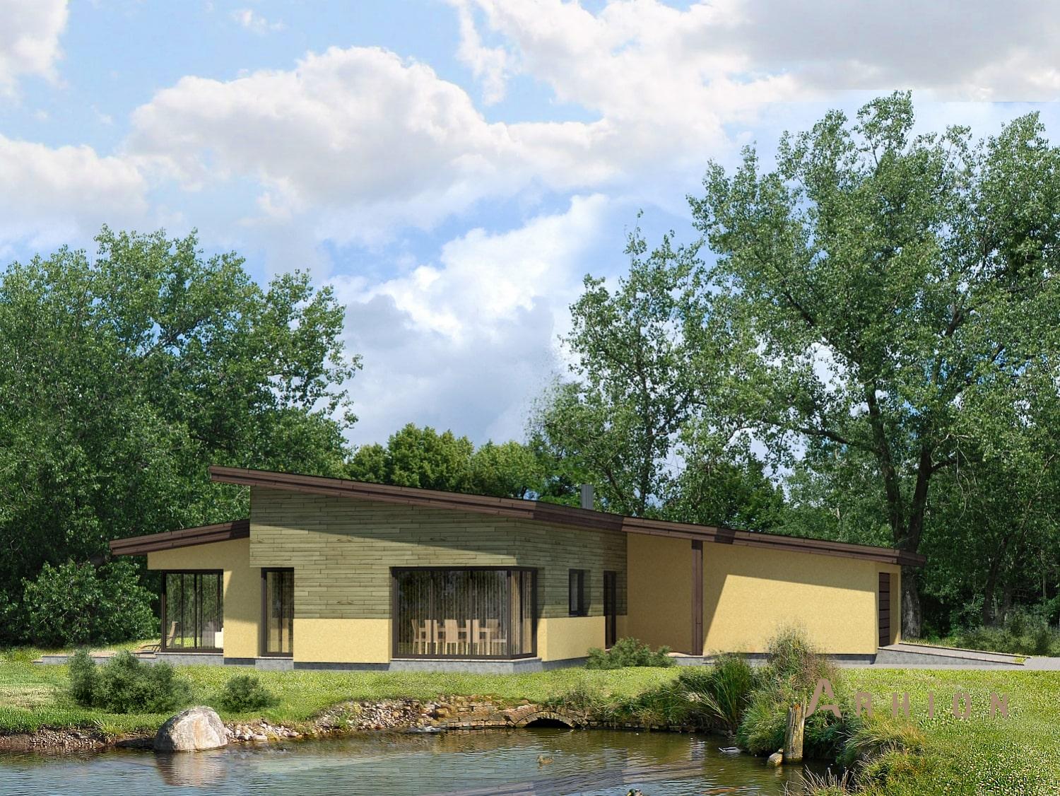 3. Проект одноэтажного дома в европейском стиле с односкатной кровлей, 111-201, площадью - 201 кв c терассой, гаражом