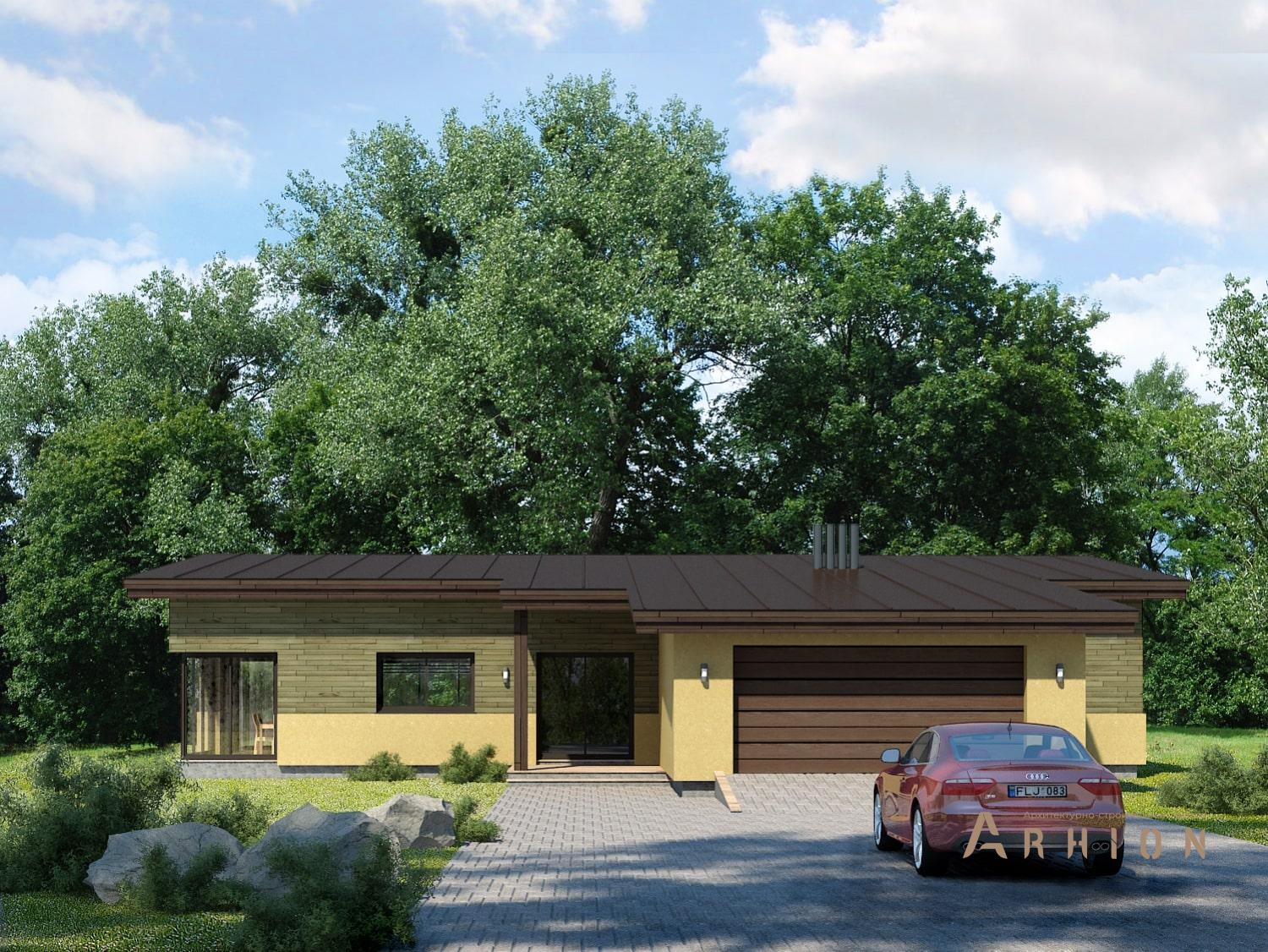 1. Проект одноэтажного дома в европейском стиле с односкатной кровлей, 111-201, площадью - 201 кв c терассой, гаражом