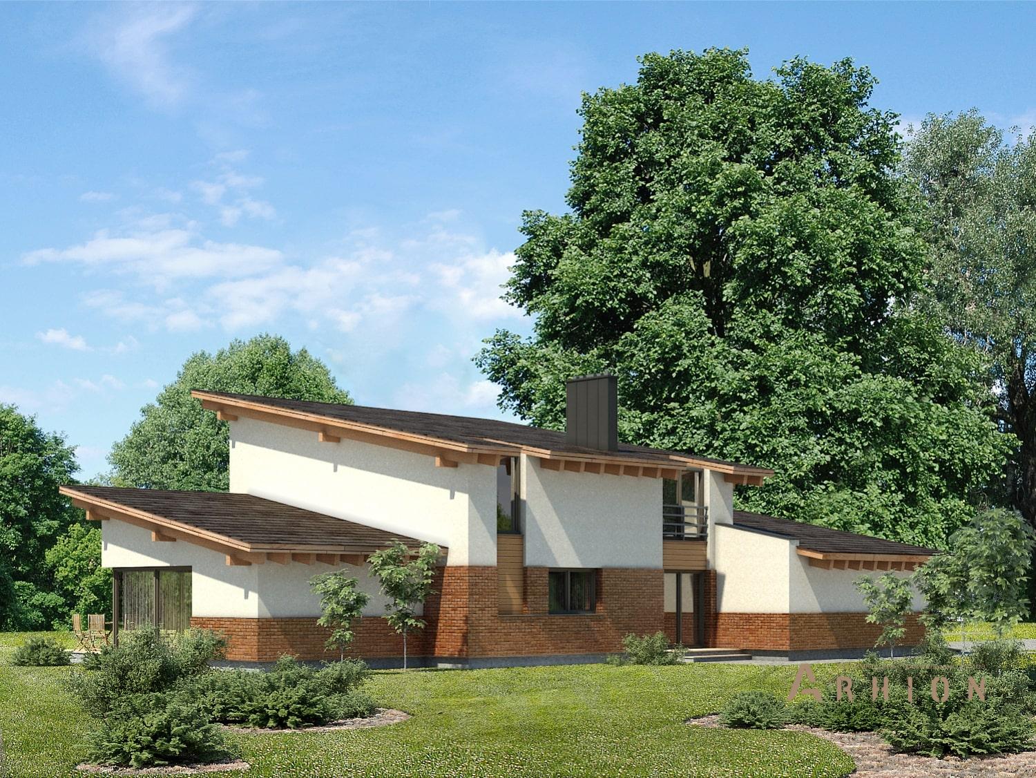 2. Проект одноэтажного дома в скандинавском стиле с односкатной кровлей, 112-218, площадью - 217 кв c мансардой, терассой, гаражом