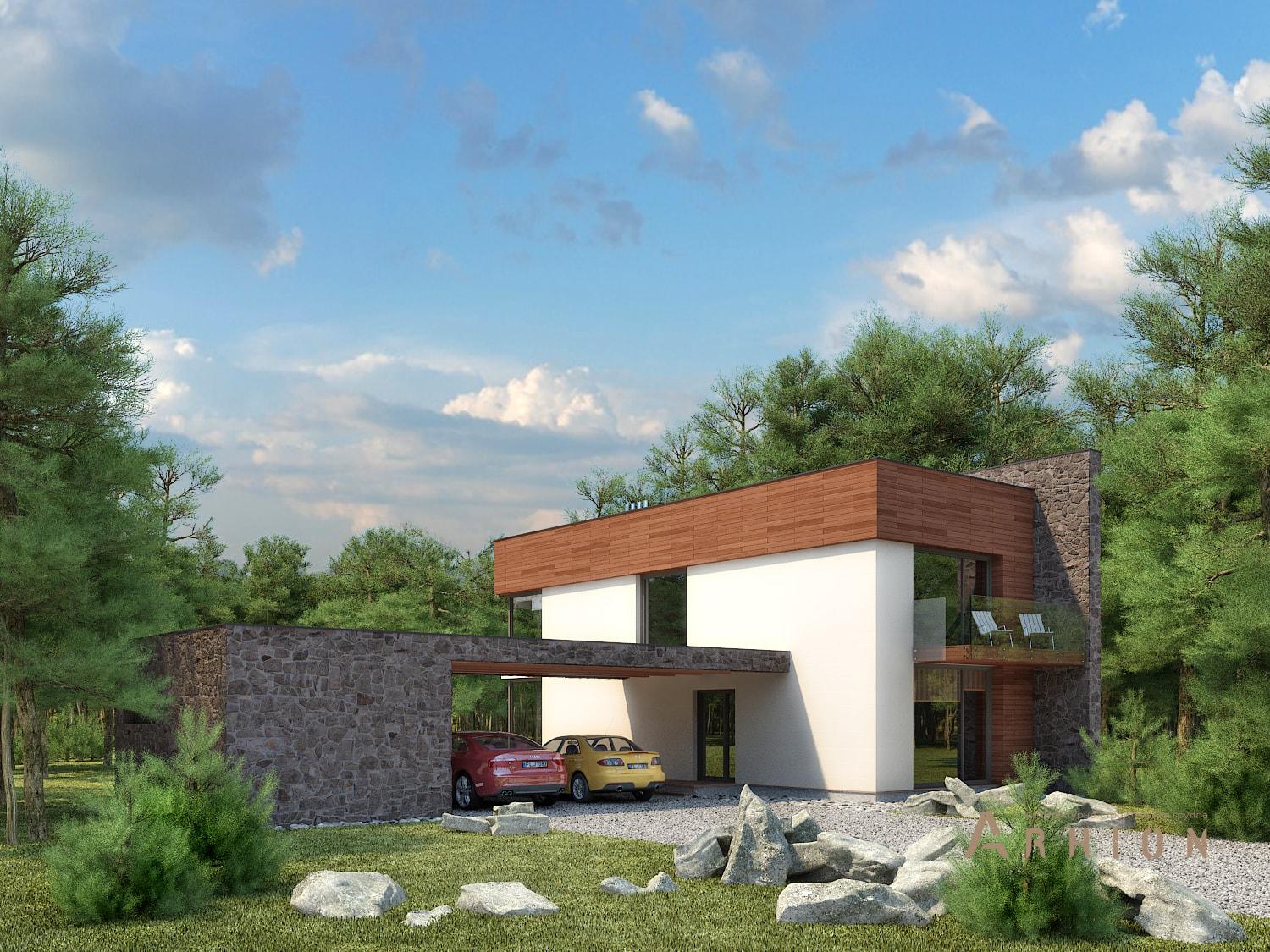 2. Проект двухэтажного дома в стиле хай-тек с плоской кровлей , 123-189, площадью - 208 кв c терассой, балконом, гаражом