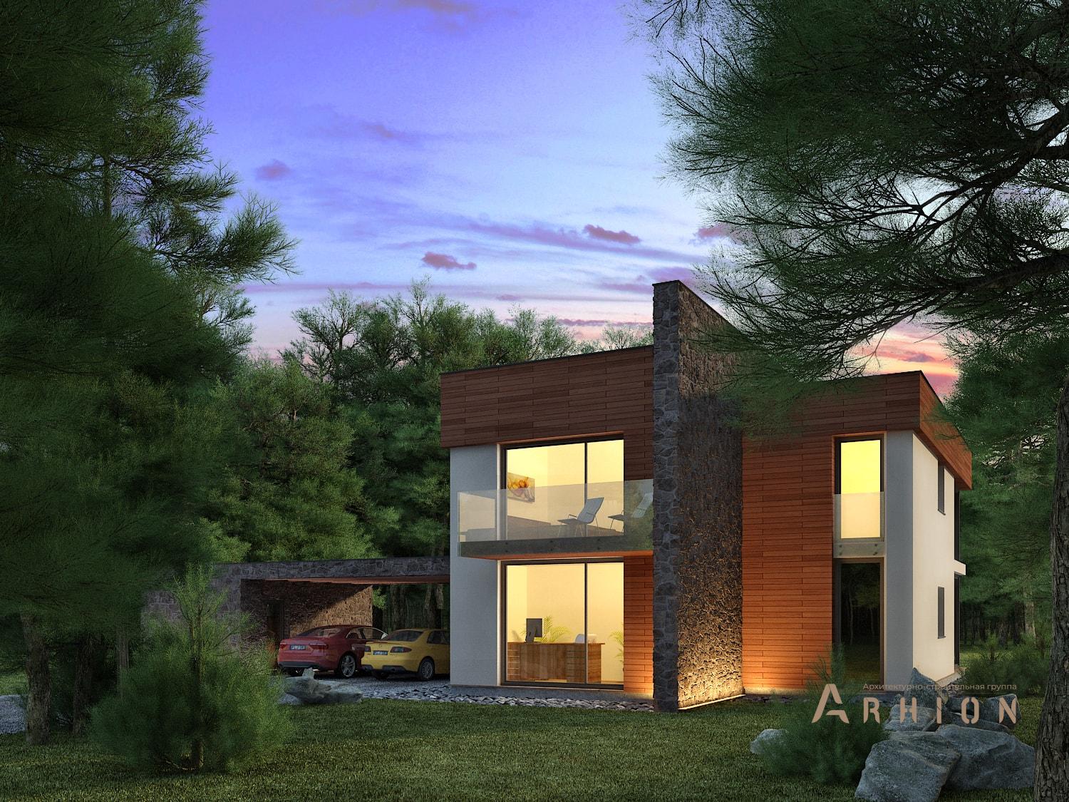 3. Проект двухэтажного дома в стиле хай-тек с плоской кровлей , 123-189, площадью - 208 кв c терассой, балконом, гаражом