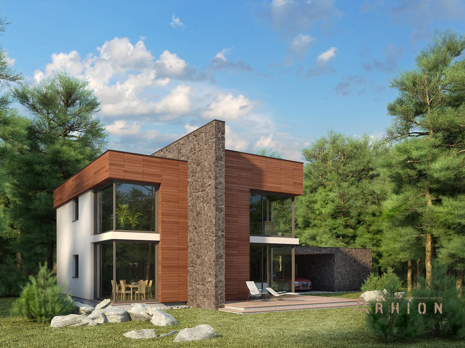 1. Проект двухэтажного дома в стиле хай-тек с плоской кровлей , 123-189, площадью - 208 кв c терассой, балконом, гаражом