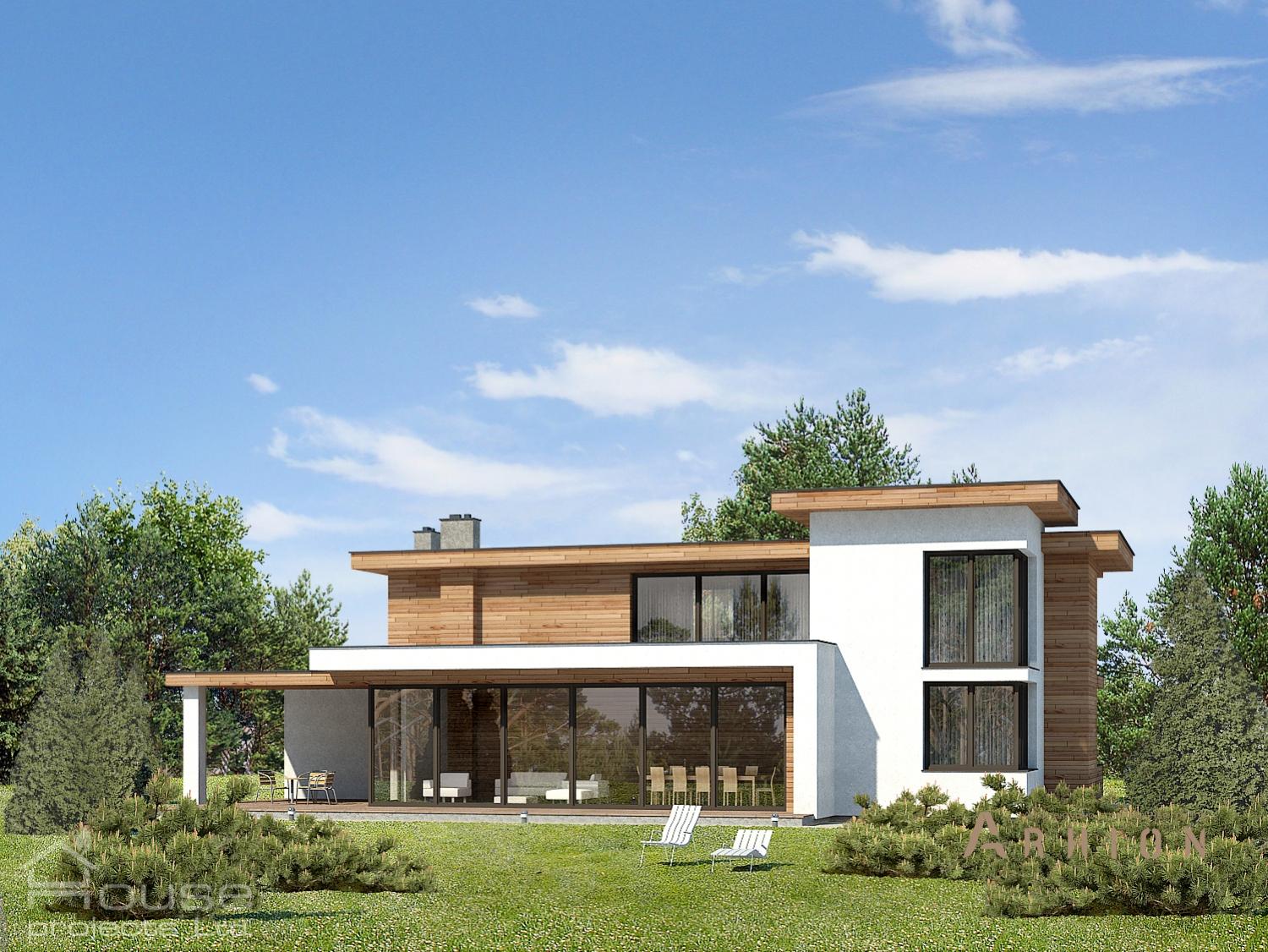 3. Проект двухэтажного дома в стиле лофт с плоской кровлей , 123-192, площадью - 234 кв c терассой, гаражом