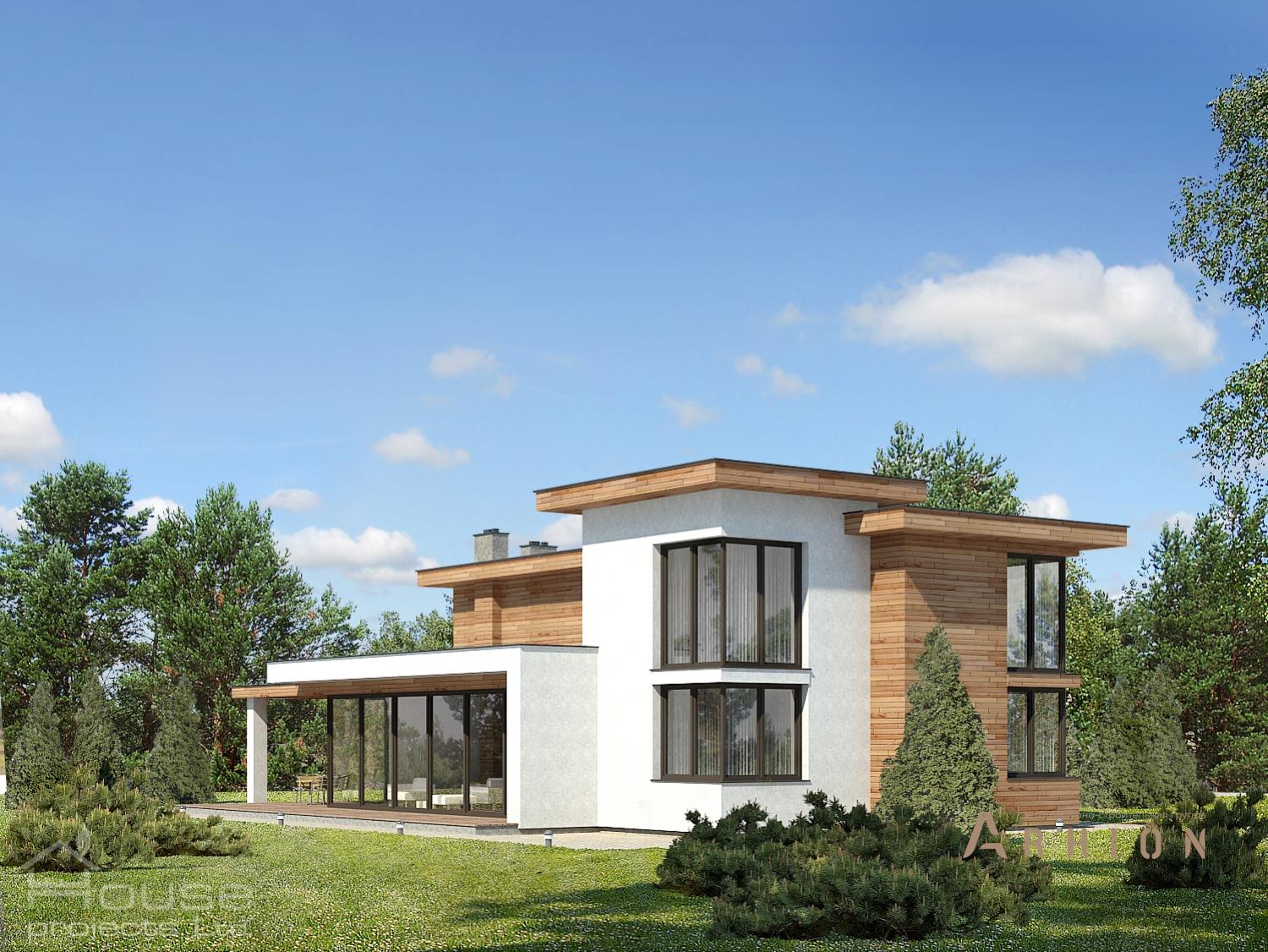 2. Проект двухэтажного дома в стиле лофт с плоской кровлей , 123-192, площадью - 234 кв c терассой, гаражом