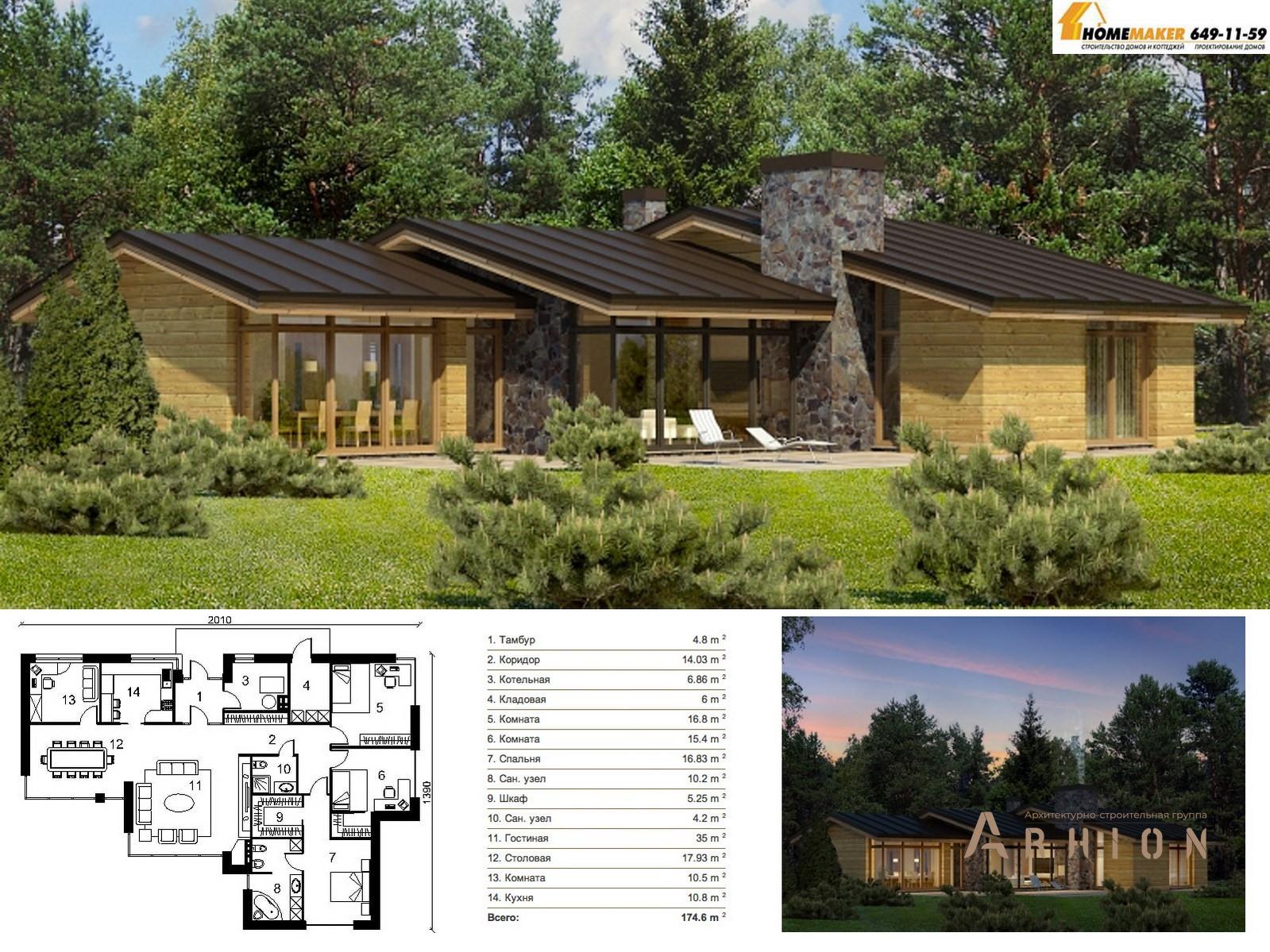 1. Проект одноэтажного дома в современном стиле с плоской кровлей , 124-175, площадью - 174 кв
