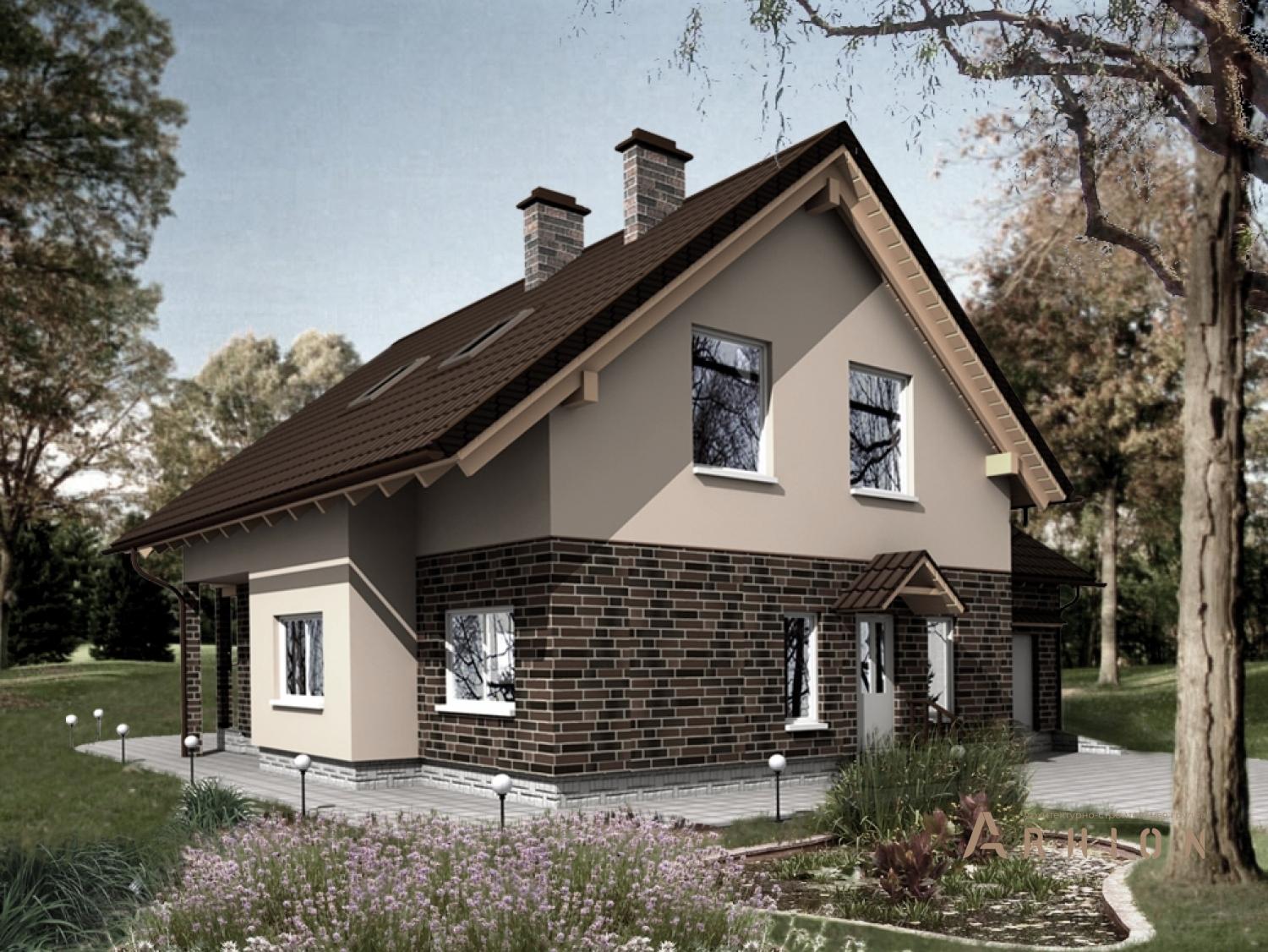 2. Проект одноэтажного дома в европейском стиле с двускатной кровлей, 124-191, площадью - 190 кв c мансардой, терассой, балконом, гаражом