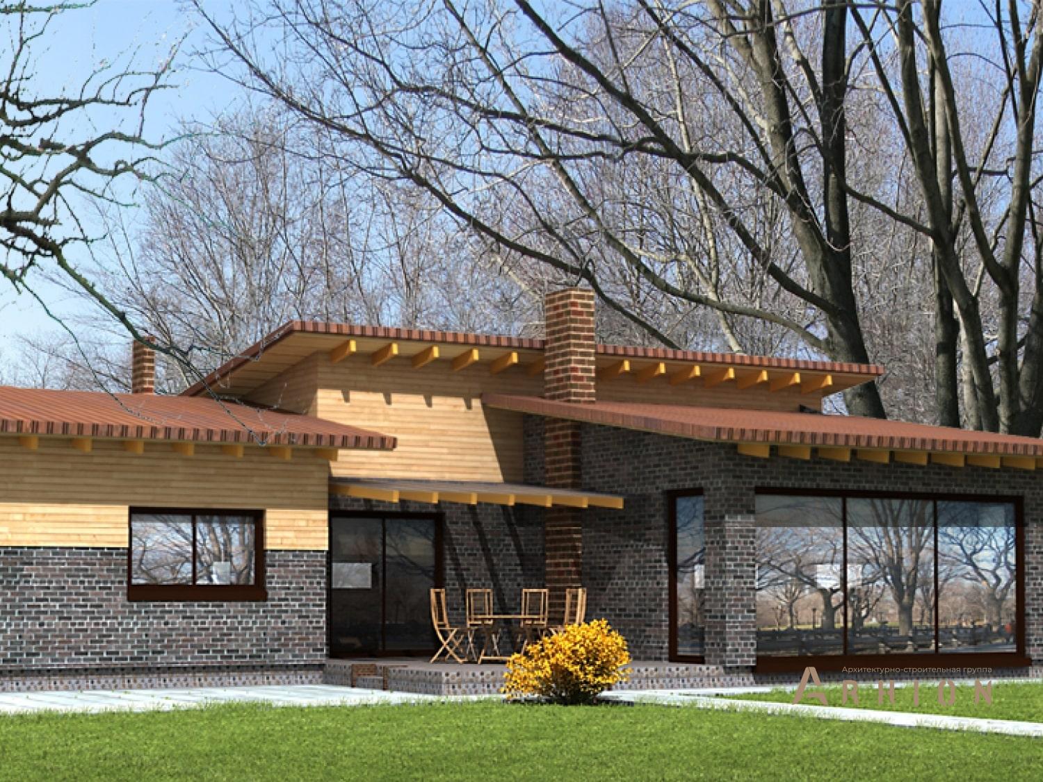 1. Проект одноэтажного дома в европейском стиле с односкатной кровлей, 140-170, площадью - 168 кв c терассой