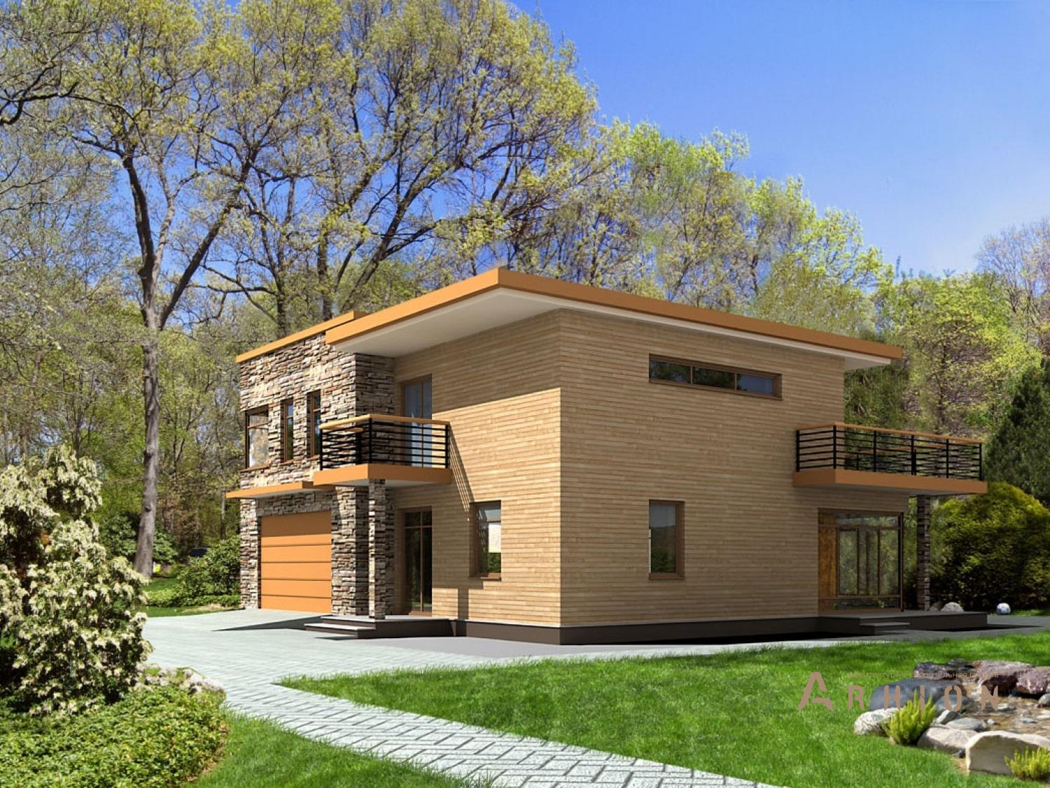 2. Проект двухэтажного дома в европейском стиле с плоской кровлей , 145-248, площадью - 247 кв c терассой