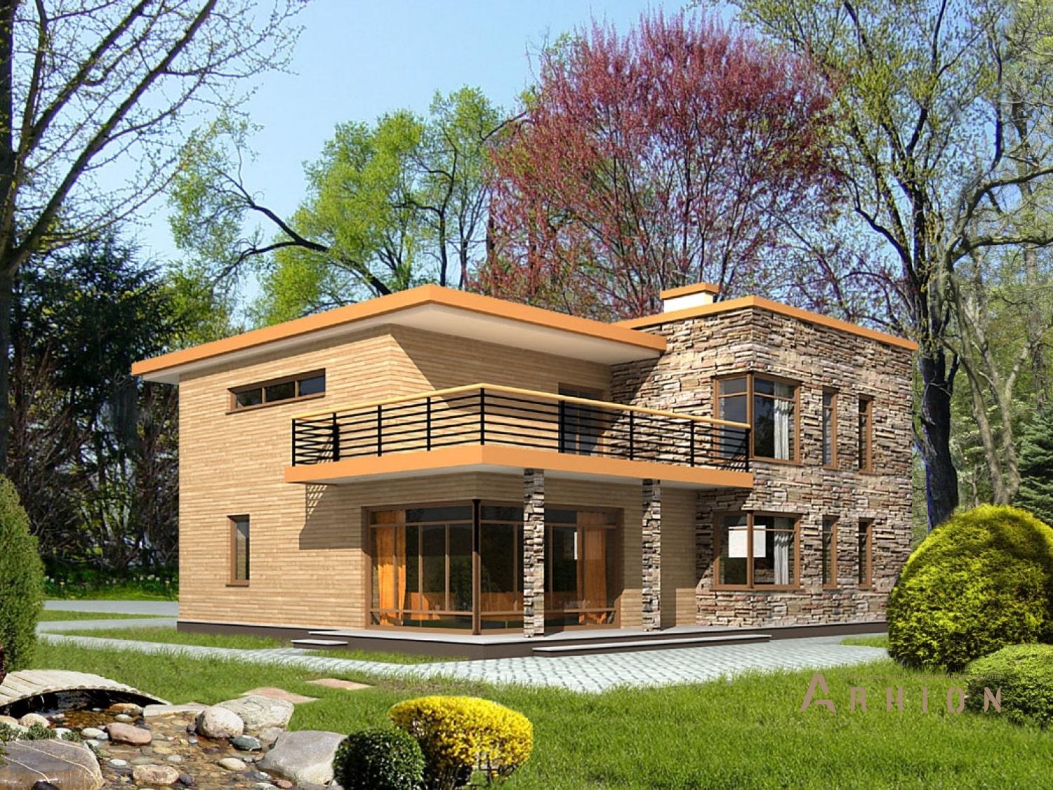 1. Проект двухэтажного дома в европейском стиле с плоской кровлей , 145-248, площадью - 247 кв c терассой