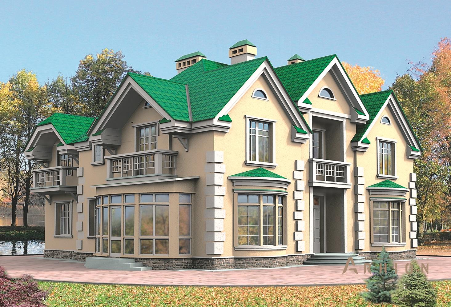 1. Проект двухэтажного дома в английском стиле с многоскатной кровлей, 30-24, площадью - 398 кв c цокольным этажом, сауной, терассой, балконом