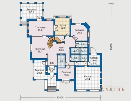 2. Проект двухэтажного дома в английском стиле с многоскатной кровлей, 30-59, площадью - 446 кв c мансардой, терассой, эркером, вторым светом