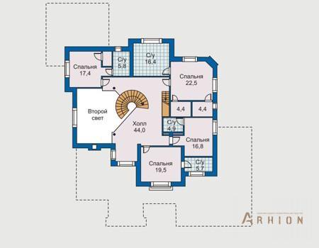 3. Проект двухэтажного дома в английском стиле с многоскатной кровлей, 30-59, площадью - 446 кв c мансардой, терассой, эркером, вторым светом