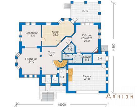 2. Проект двухэтажного дома в европейском стиле с многоскатной кровлей, 30-60, площадью - 443 кв c мансардой, сауной, терассой, балконом, эркером, вторым светом