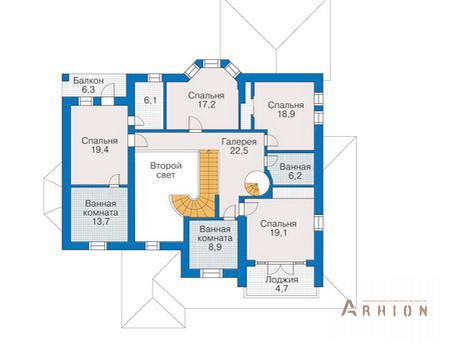 3. Проект двухэтажного дома в европейском стиле с многоскатной кровлей, 30-60, площадью - 443 кв c мансардой, сауной, терассой, балконом, эркером, вторым светом