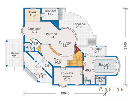 2. Проект одноэтажного дома в современном стиле с многоскатной кровлей, 31-23, площадью - 534 кв c цокольным этажом, мансардой, сауной, терассой, балконом, эркером, вторым светом