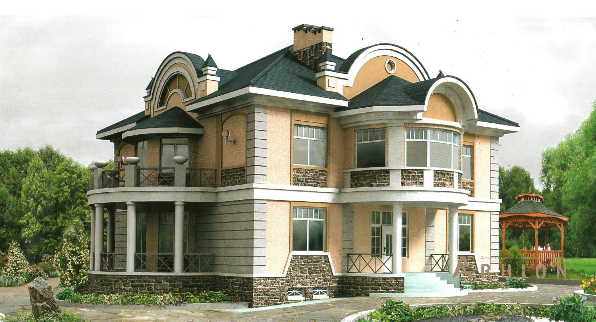 1. Проект двухэтажного дома в стиле модерн с многоскатной кровлей, 31-24, площадью - 422 кв c цокольным этажом, терассой, эркером