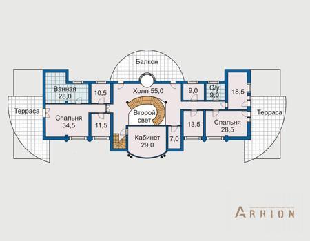 3. Проект двухэтажного дома в современном стиле с двускатной кровлей, 31-27, площадью - 755 кв c цокольным этажом, мансардой, сауной, терассой, балконом, эркером, вторым светом