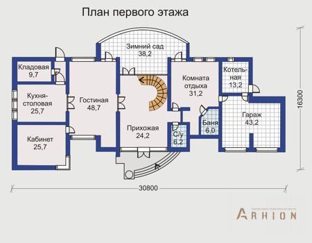 2. Проект двухэтажного дома в современном стиле с многоскатной кровлей, 31-28, площадью - 534 кв c цокольным этажом, мансардой, сауной, терассой, балконом, вторым светом