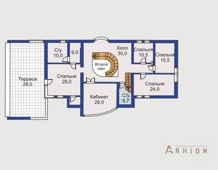 3. Проект двухэтажного дома в современном стиле с многоскатной кровлей, 31-28, площадью - 534 кв c цокольным этажом, мансардой, сауной, терассой, балконом, вторым светом