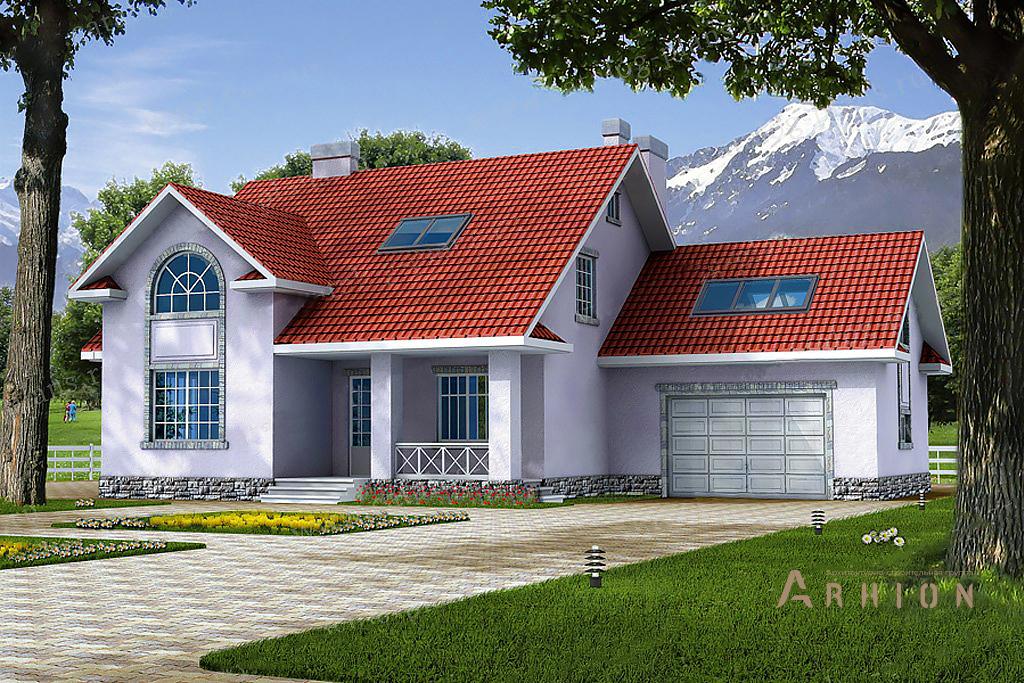 1. Проект одноэтажного дома в американском стиле с двускатной кровлей, 31-66, площадью - 240 кв c мансардой, терассой, гаражом