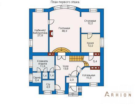 2. Проект одноэтажного дома в европейском стиле с четырехскатной, 31-84, площадью - 280 кв c мансардой, сауной, эркером