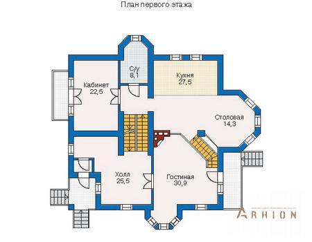 2. Проект двухэтажного дома в современном стиле с многоскатной кровлей, 31-97, площадью - 495 кв c цокольным этажом, мансардой, сауной, эркером