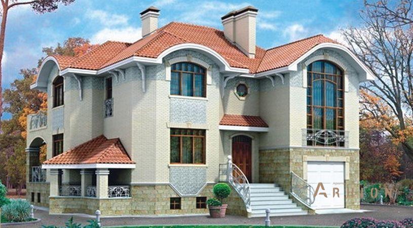 1. Проект двухэтажного дома в стиле модерн с многоскатной кровлей, 32-00, площадью - 371 кв c цокольным этажом, терассой, гаражом, эркером, вторым светом