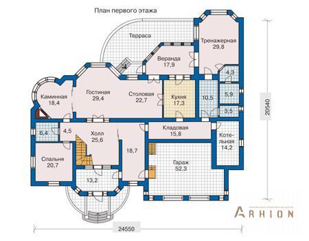 2. Проект двухэтажного дома в английском стиле с многоскатной кровлей, 32-12, площадью - 598 кв c сауной, терассой, эркером, вторым светом