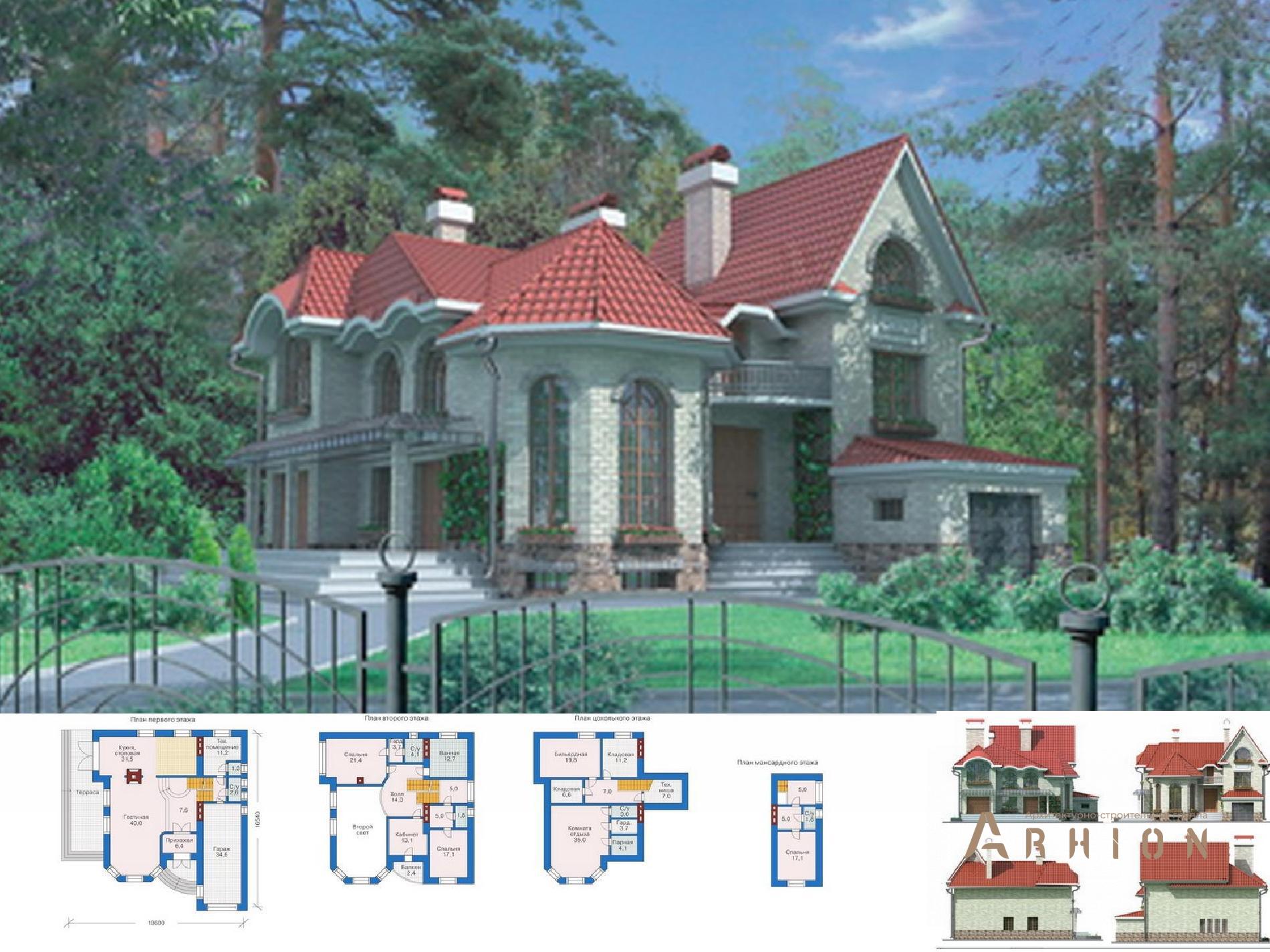 1. Проект двухэтажного дома в замковом стиле с многоскатной кровлей, 32-23, площадью - 360 кв c цокольным этажом, мансардой, терассой, эркером, вторым светом