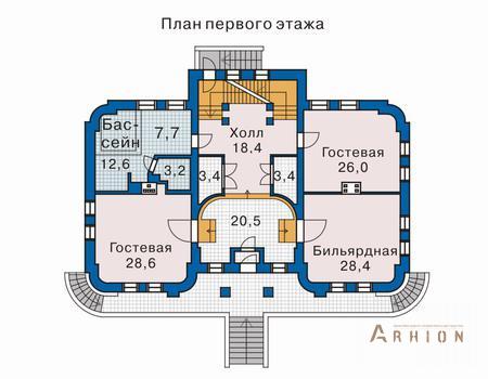2. Проект трехэтажного дома в современном стиле с многоскатной кровлей, 32-34, площадью - 742 кв c цокольным этажом, сауной, терассой, балконом, вторым светом