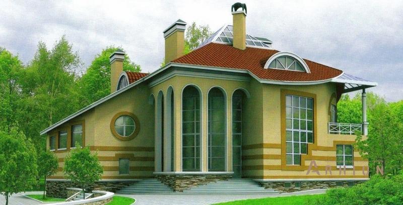 1. Проект двухэтажного дома в современном стиле с многоскатной кровлей, 32-71, площадью - 418 кв c сауной, терассой, балконом, гаражом