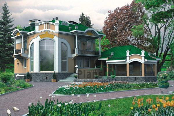 1. Проект двухэтажного дома в стиле модерн с многоскатной кровлей, 32-77, площадью - 466 кв c цокольным этажом, мансардой, сауной, терассой, вторым светом