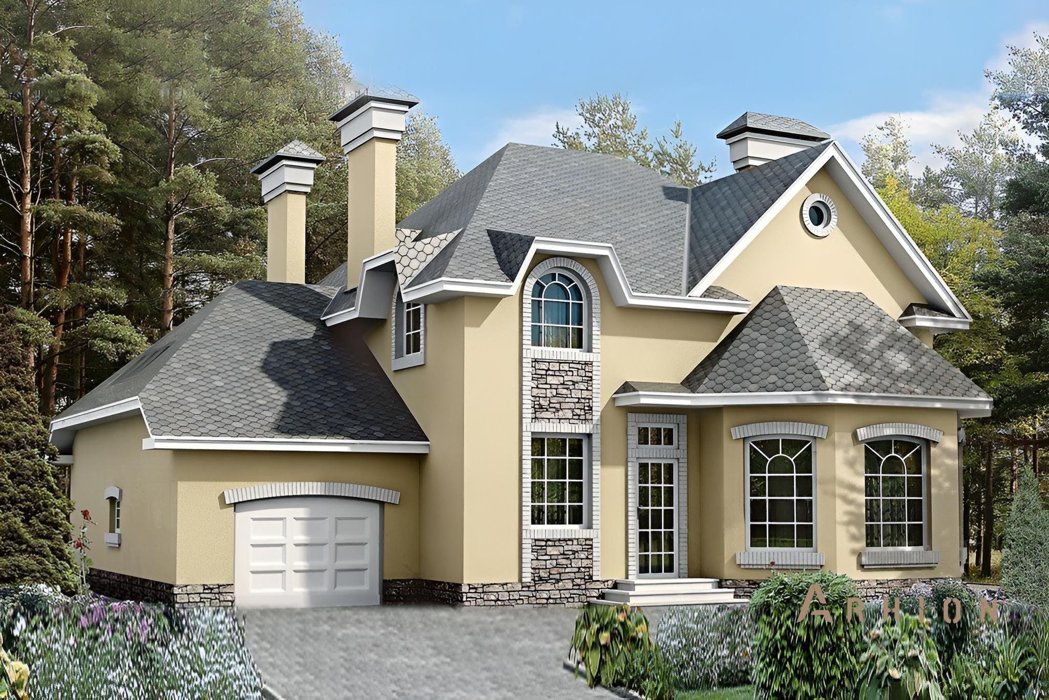 1. Проект двухэтажного дома в современном стиле с многоскатной кровлей, 32-96, площадью - 278 кв c мансардой, гаражом, эркером