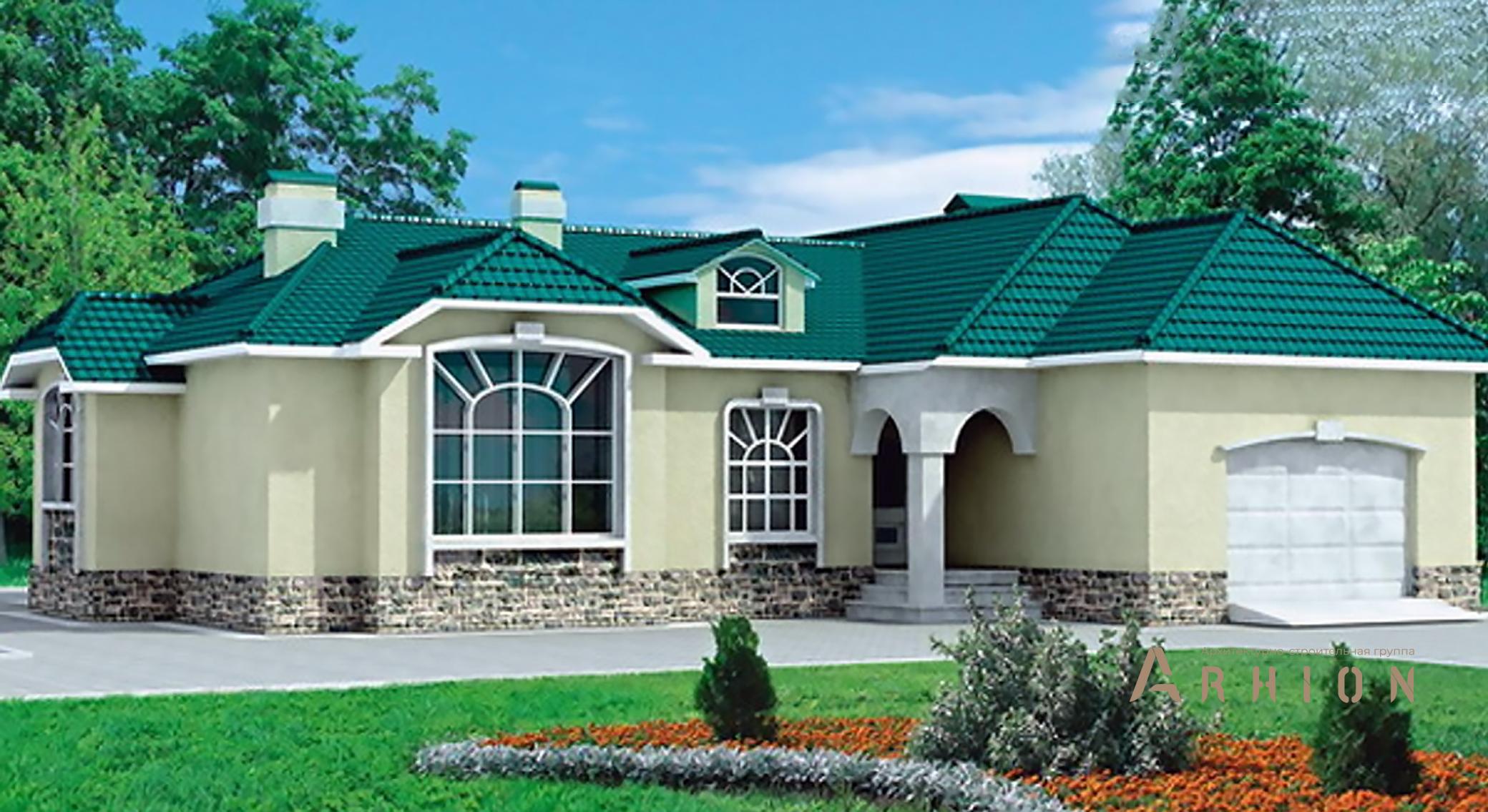 1. Проект одноэтажного дома в европейском стиле с многоскатной кровлей, 33-15, площадью - 225 кв c терассой, гаражом, эркером